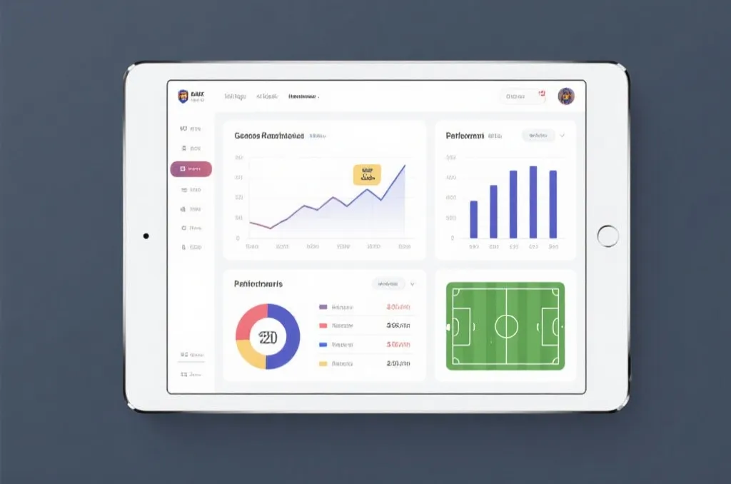 A clean digital interface of a sports statistics application on a tablet screen, showing generic team performance charts, bar graphs, and tactical soccer field diagram, flat design, editorial